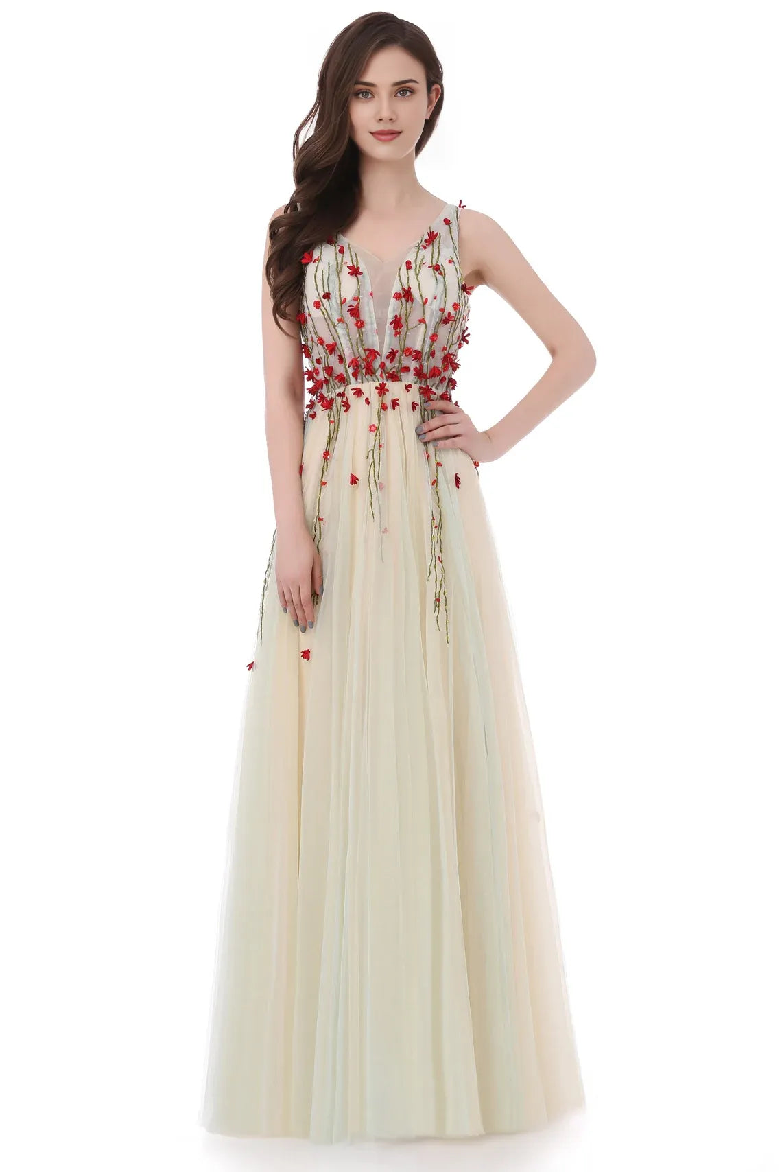 Robe trapèze à fleurs, col en V, en tulle et dentelle, longueur au sol, robe de soirée 