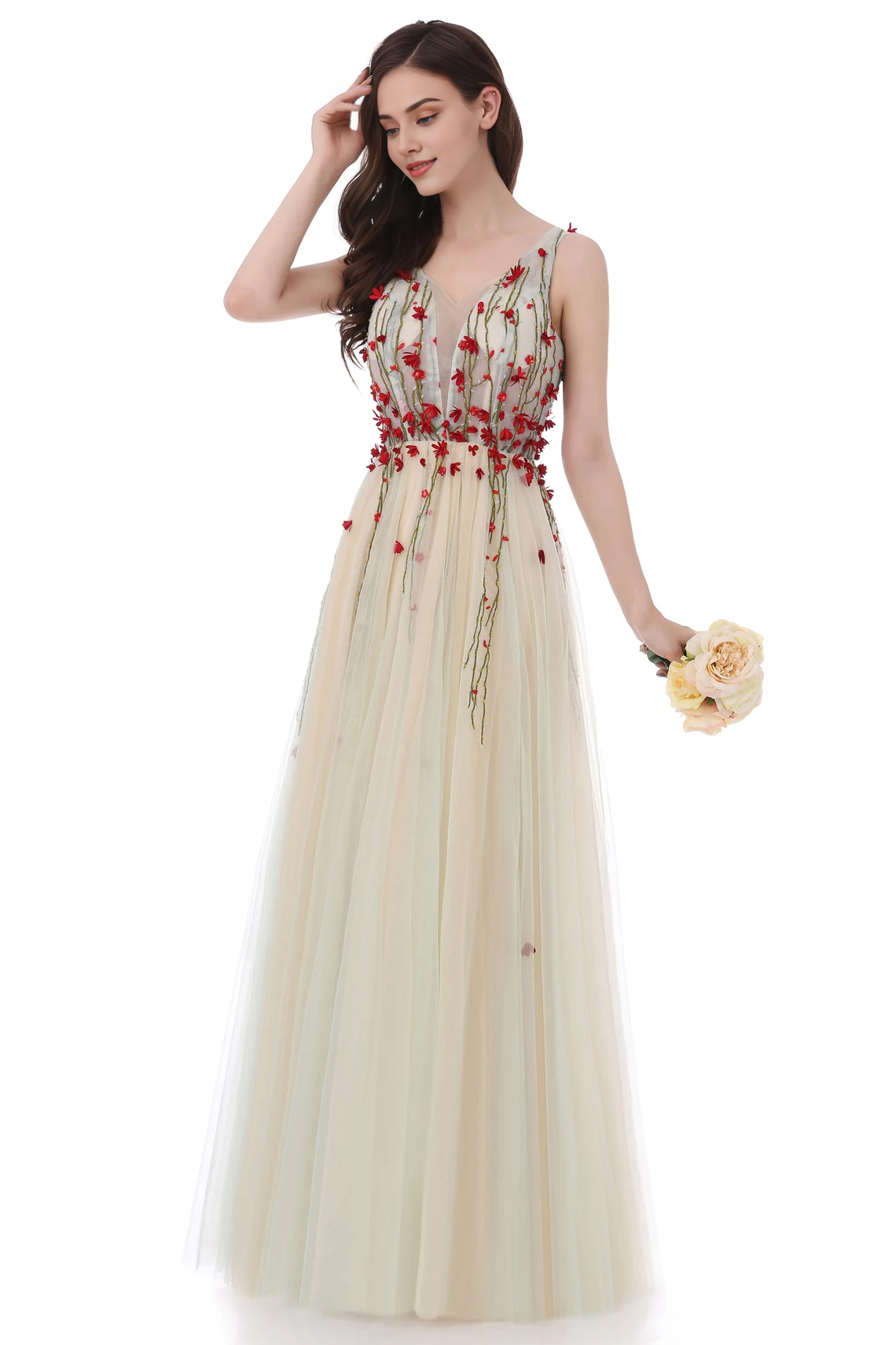 Hermoso vestido formal de tul con encaje y escote en V, floral, largo hasta el suelo, para fiesta de graduación 