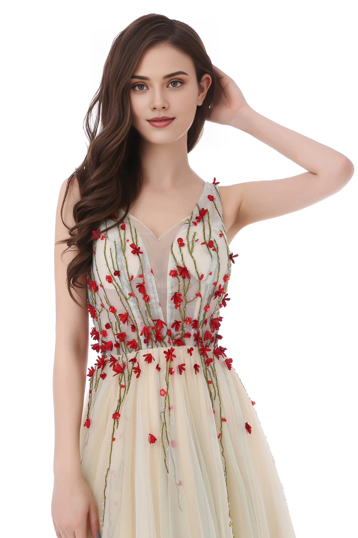 Hermoso vestido formal de tul con encaje y escote en V, floral, largo hasta el suelo, para fiesta de graduación 