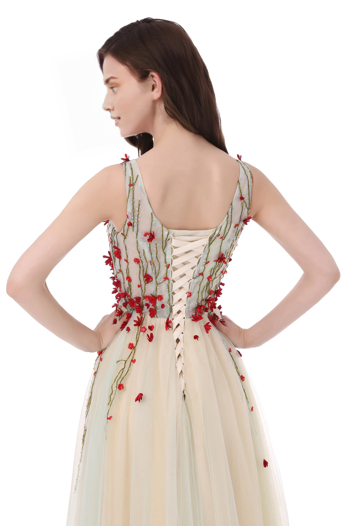 Hermoso vestido formal de tul con encaje y escote en V, floral, largo hasta el suelo, para fiesta de graduación 