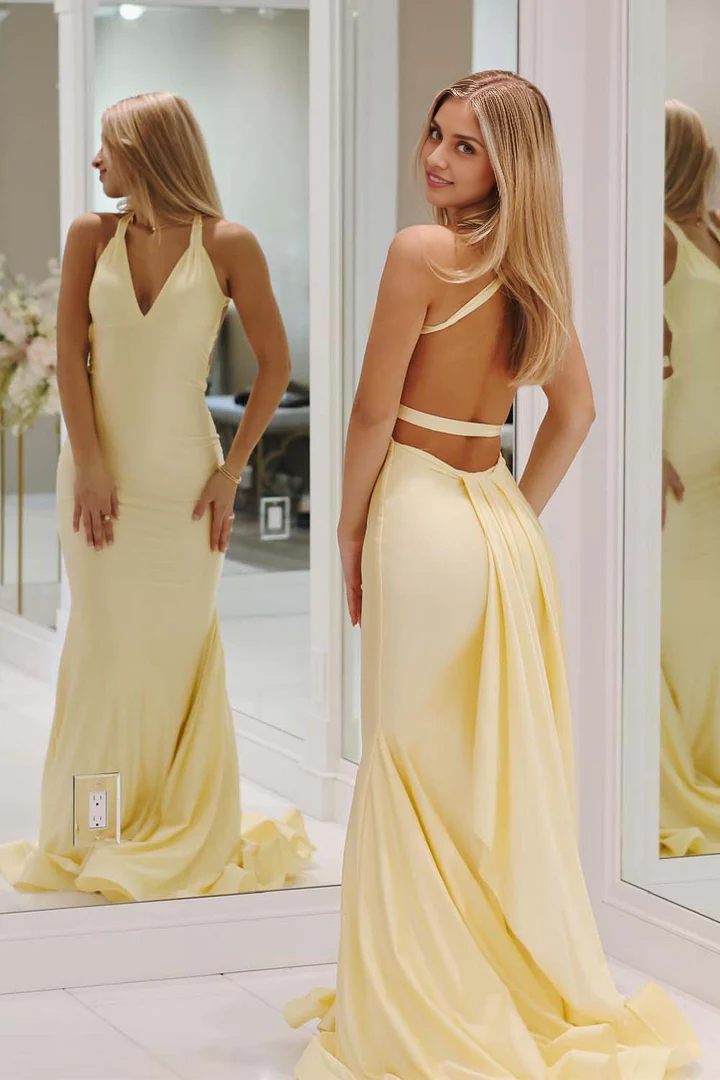 A-line Deep V Neck Floor Length Unique Open Back Prom Dress