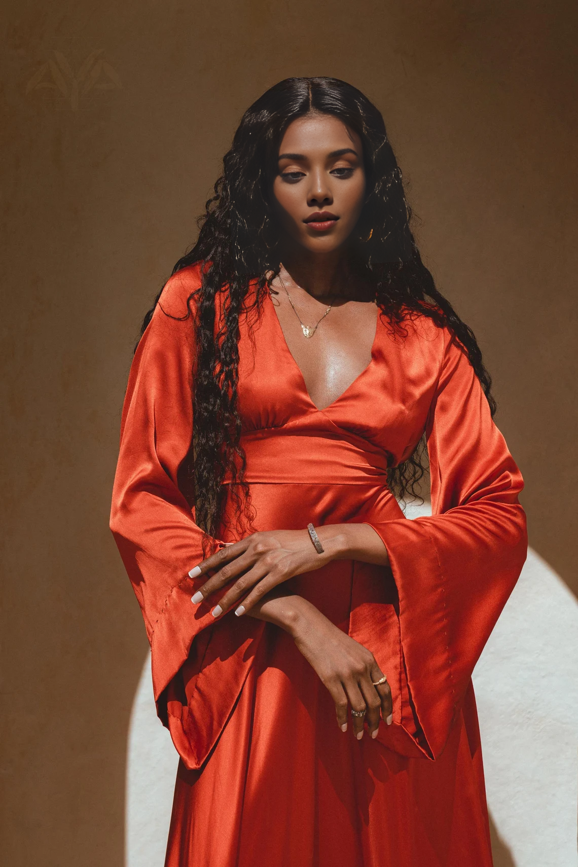 A-line Deep V Neck Long Sleeves Backless Floor Length Bridesmaid Prom Party Dress