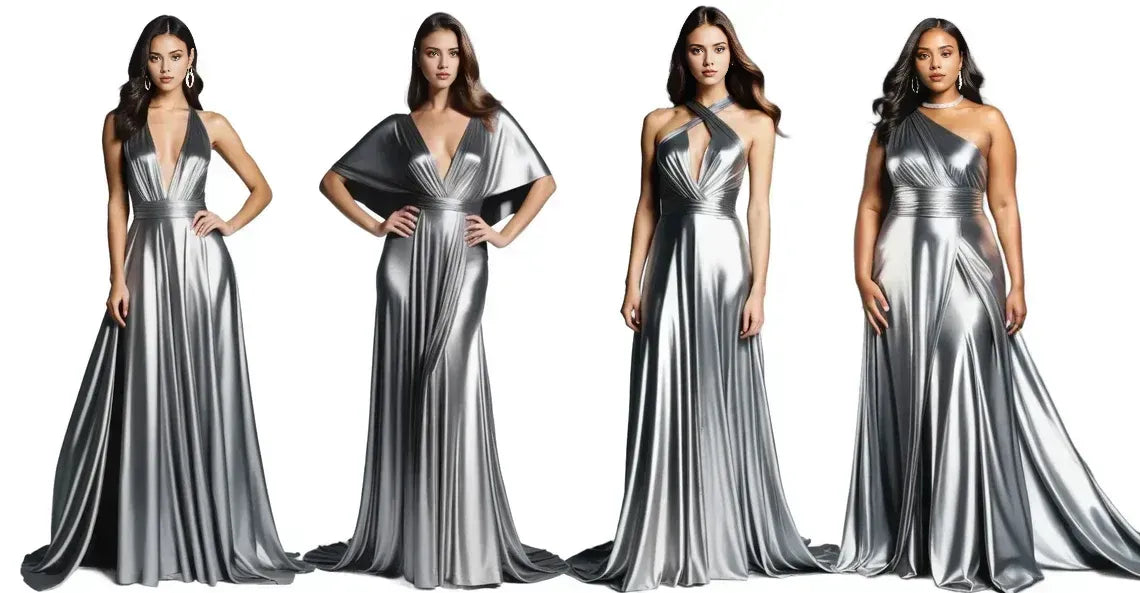 Robe de soirée de bal de fin d'année argentée, coupe trapèze, décolleté en V profond, dos nu, sans manches, style multiple, longueur au sol 