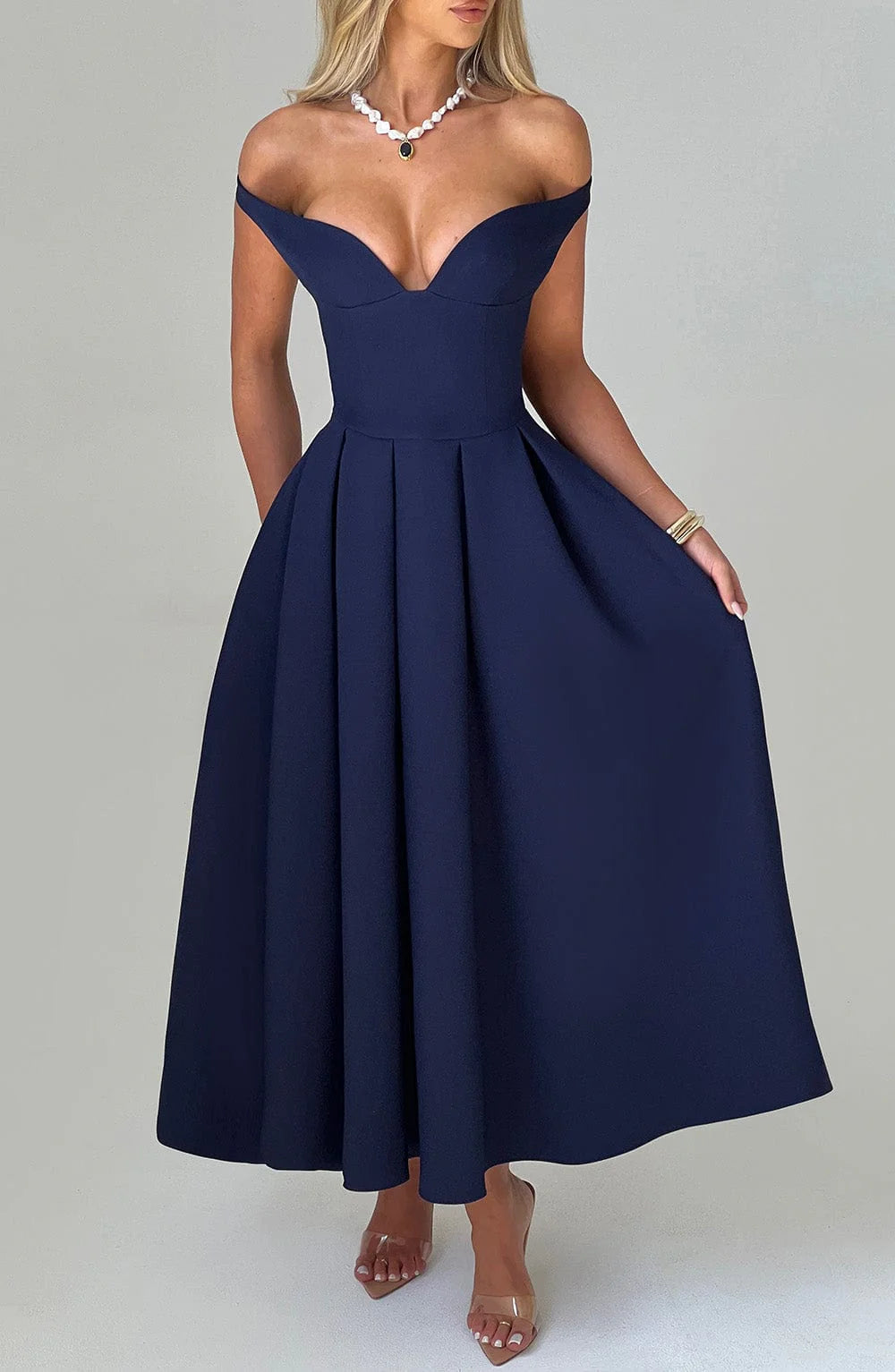 A-line Elegant Deep V Neck Chic Mid-length Pleats Prom Dress Party Dress