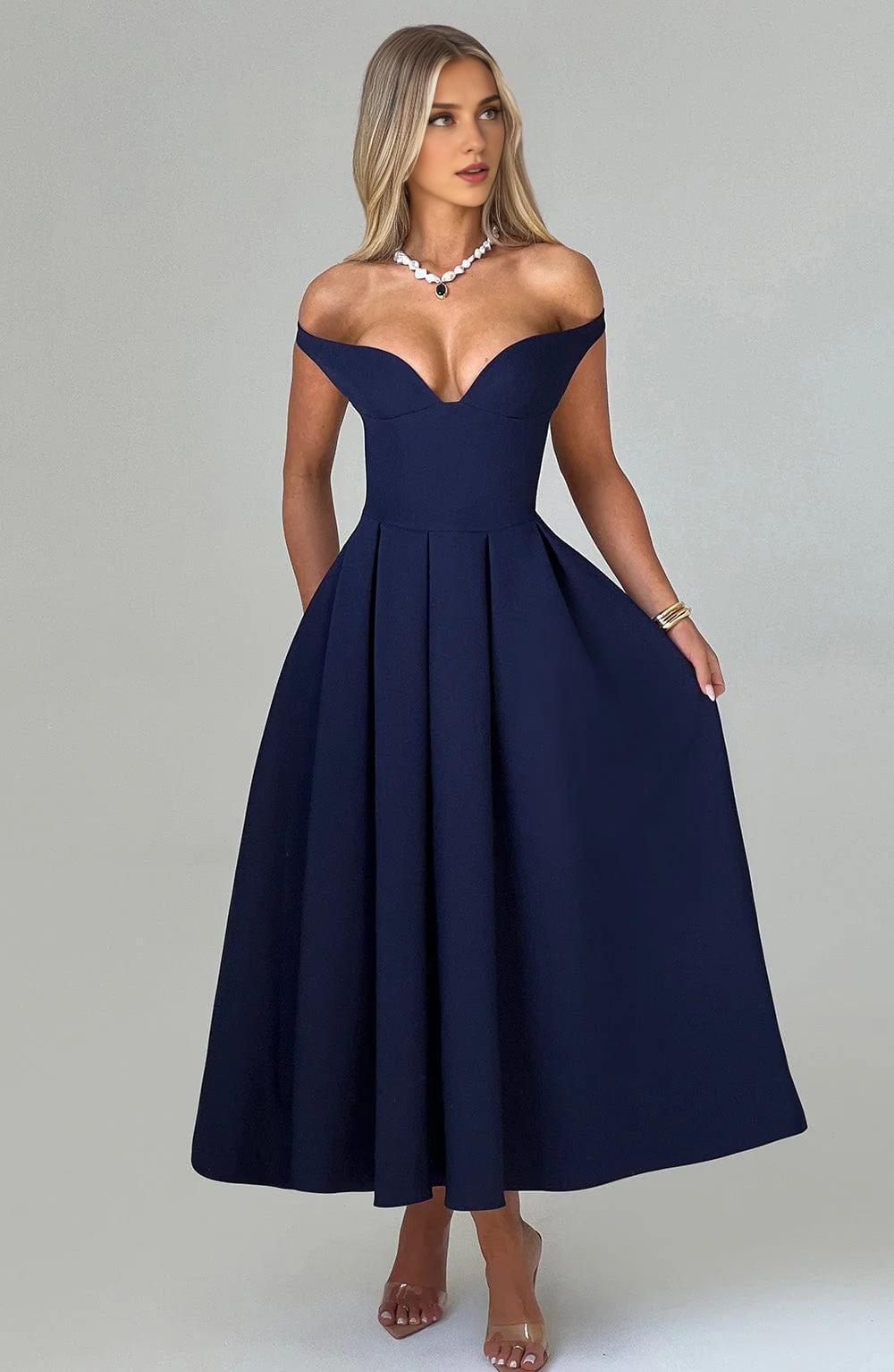 A-line Elegant Deep V Neck Chic Mid-length Pleats Prom Dress Party Dress