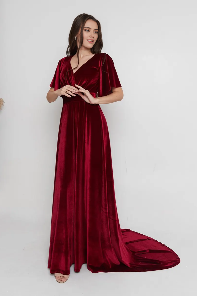 Vestido elegante de dama de honor de corte A, de terciopelo, con mangas cortas y escote en V, estilo sirena 