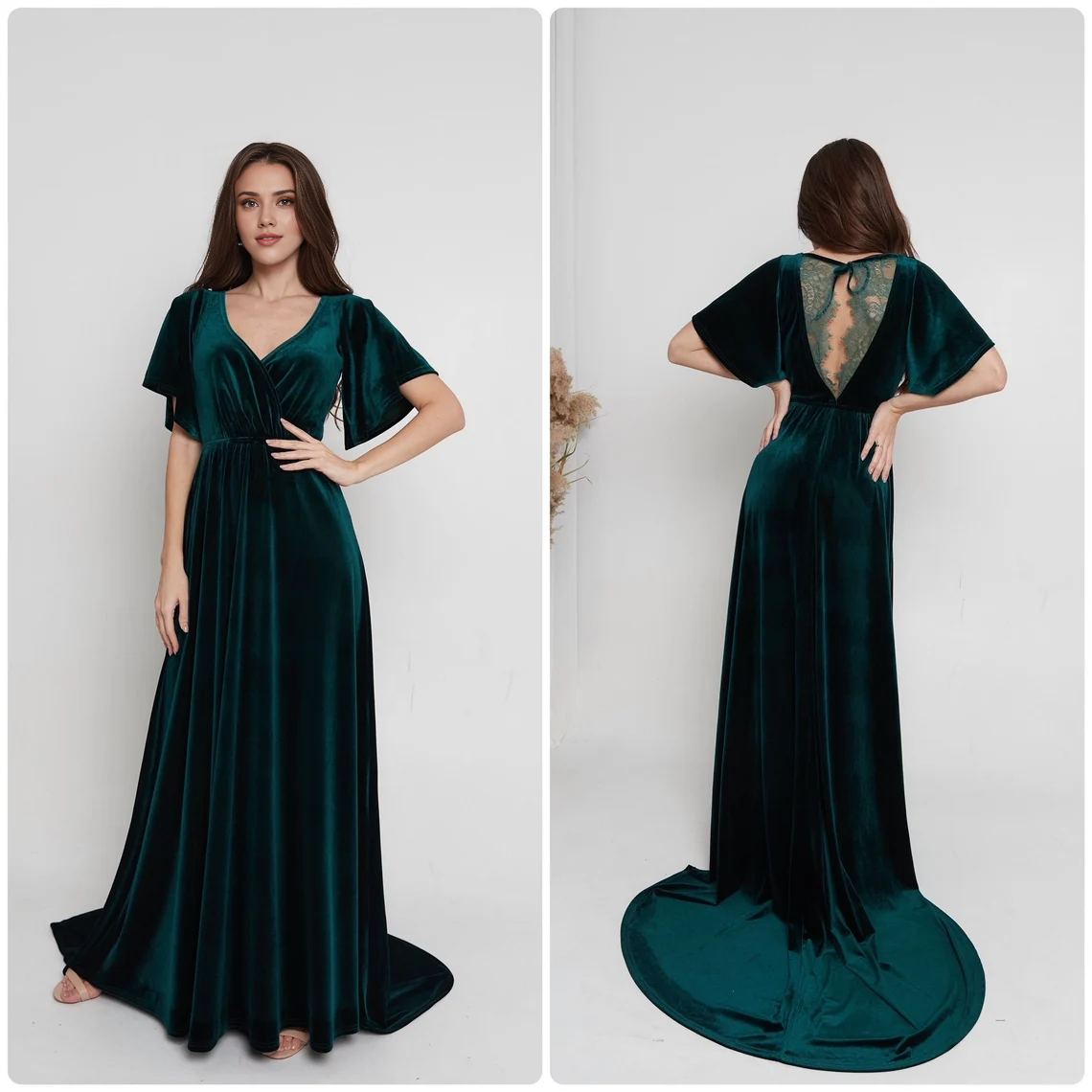 Vestido elegante de dama de honor de corte A, de terciopelo, con mangas cortas y escote en V, estilo sirena 