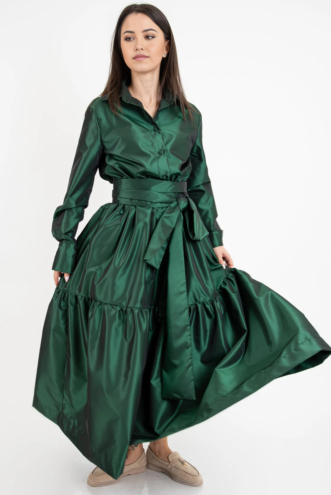 Robe chemise longue à volants vert émeraude pour femme, coupe trapèze, manches longues, tunique, robe à volants, robe vert émeraude, robe à manches longues, robe drapée 