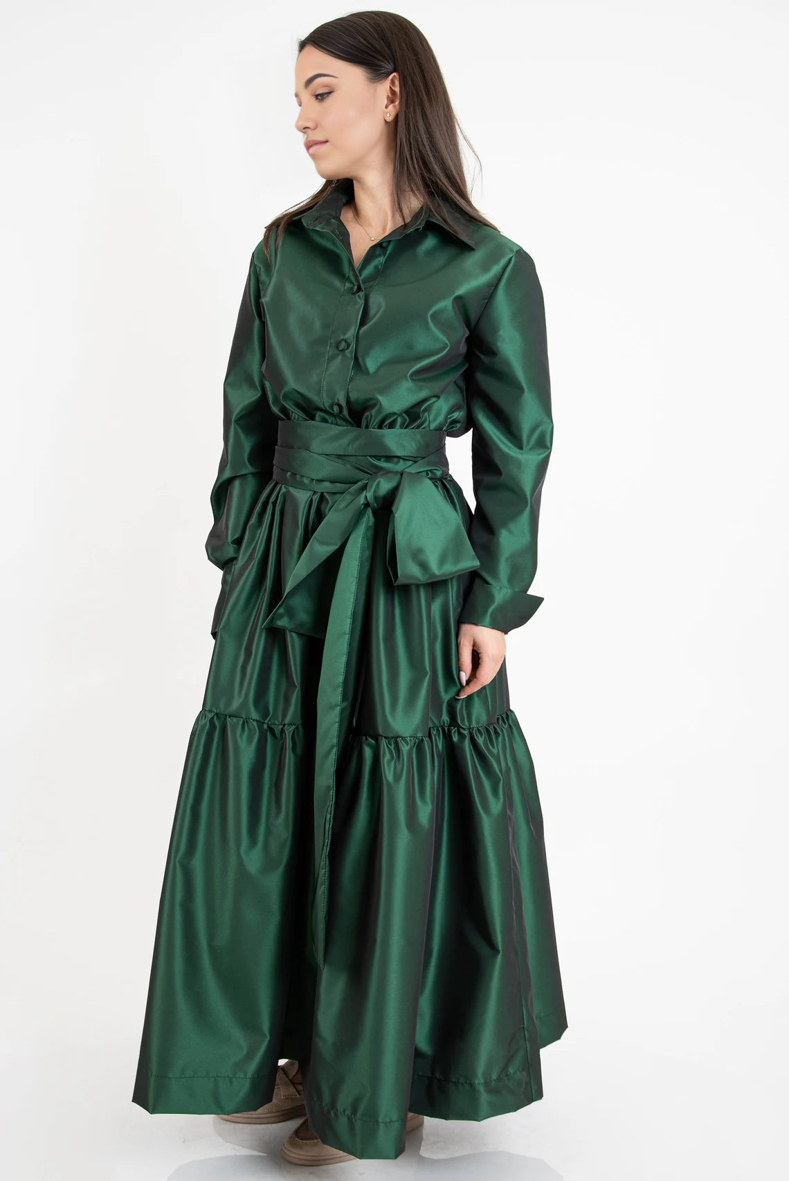 Robe chemise longue à volants vert émeraude pour femme, coupe trapèze, manches longues, tunique, robe à volants, robe vert émeraude, robe à manches longues, robe drapée 