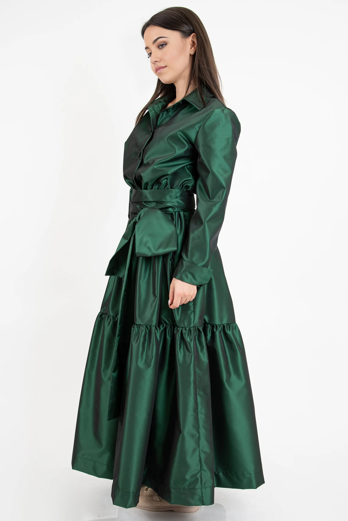 Robe chemise longue à volants vert émeraude pour femme, coupe trapèze, manches longues, tunique, robe à volants, robe vert émeraude, robe à manches longues, robe drapée 