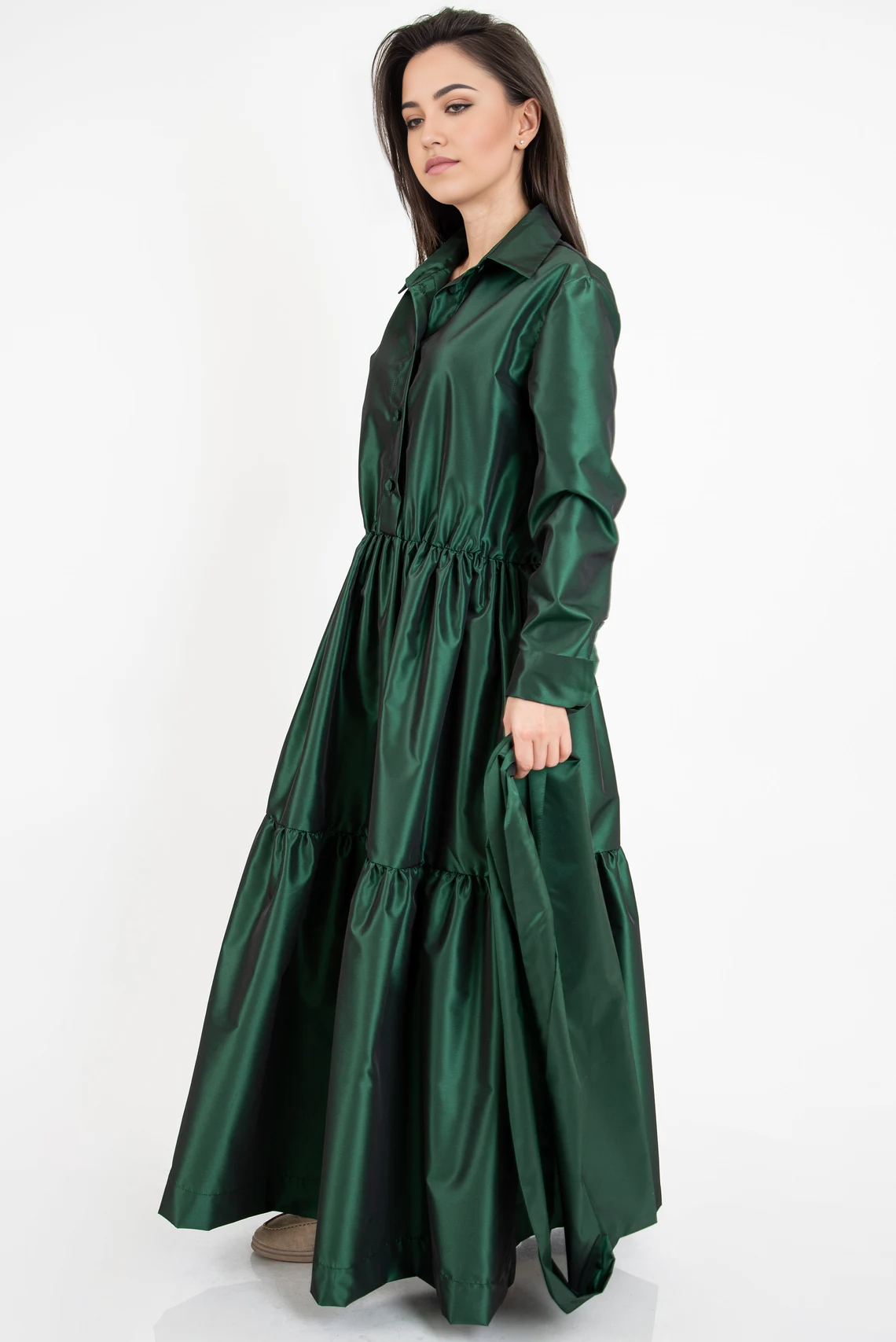 Robe chemise longue à volants vert émeraude pour femme, coupe trapèze, manches longues, tunique, robe à volants, robe vert émeraude, robe à manches longues, robe drapée 