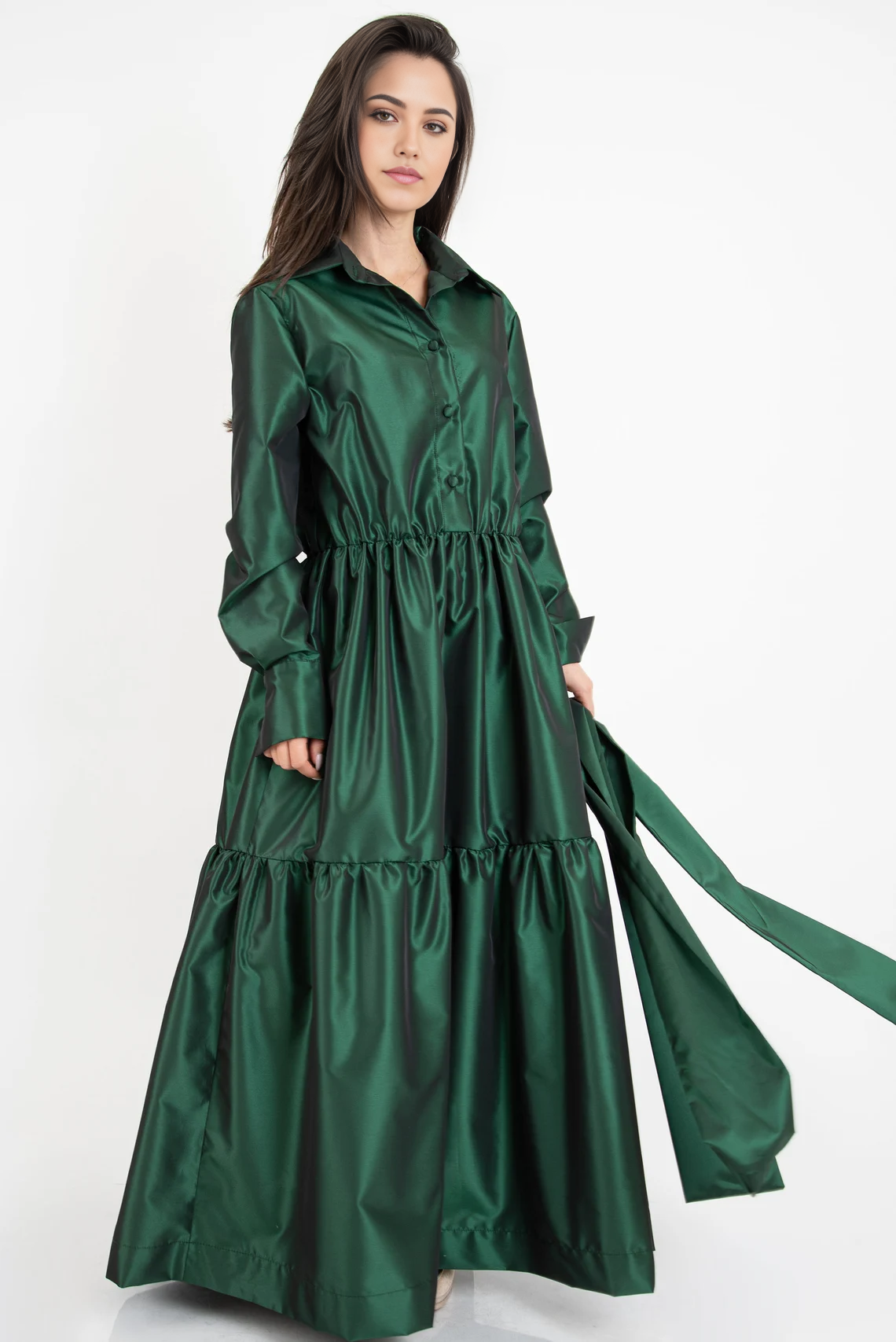 Robe chemise longue à volants vert émeraude pour femme, coupe trapèze, manches longues, tunique, robe à volants, robe vert émeraude, robe à manches longues, robe drapée 