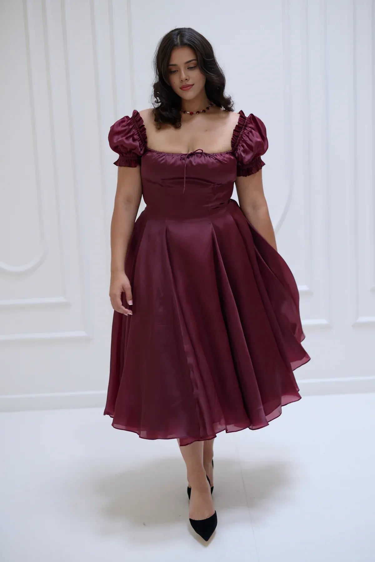 A-line Evening Dress Square Neck Evening Dress Cape Sleeves Tea-Length Party Dress