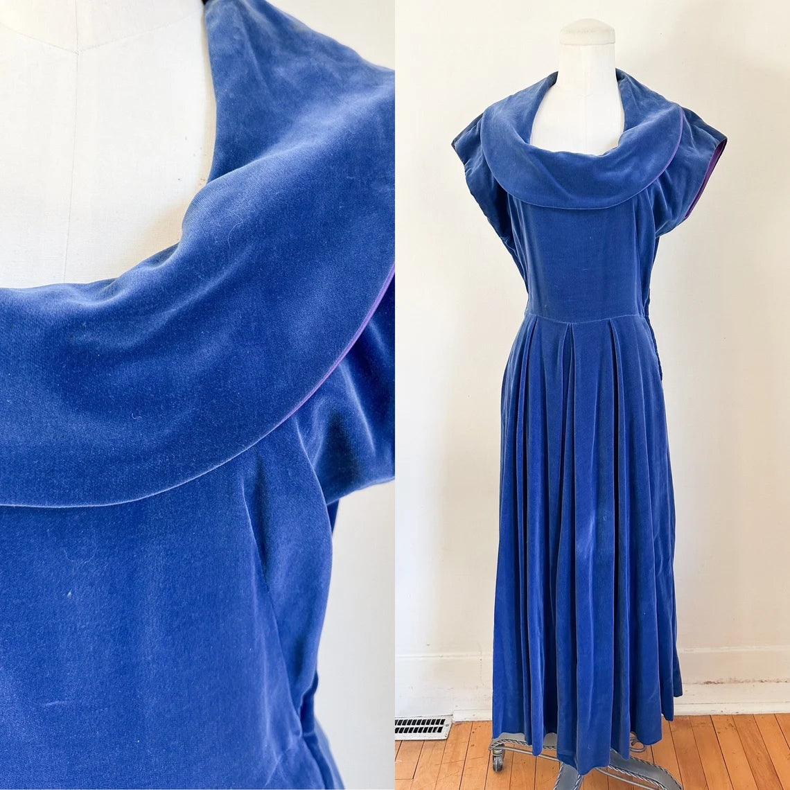 A-line Evening Dress Vintage Blue Velvet Maxi Dress Chic Round Neck Party Dress