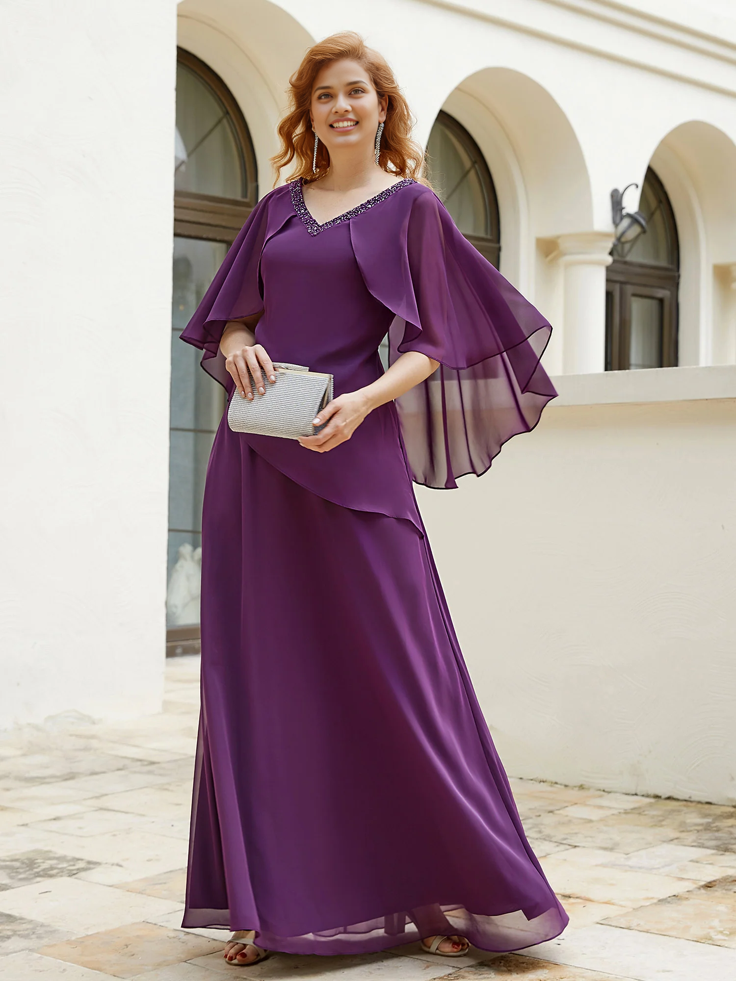 A-line Floor Length Adorned Beaded Elegance and Flutter Sleeves Grape Mother of the Bride Dress