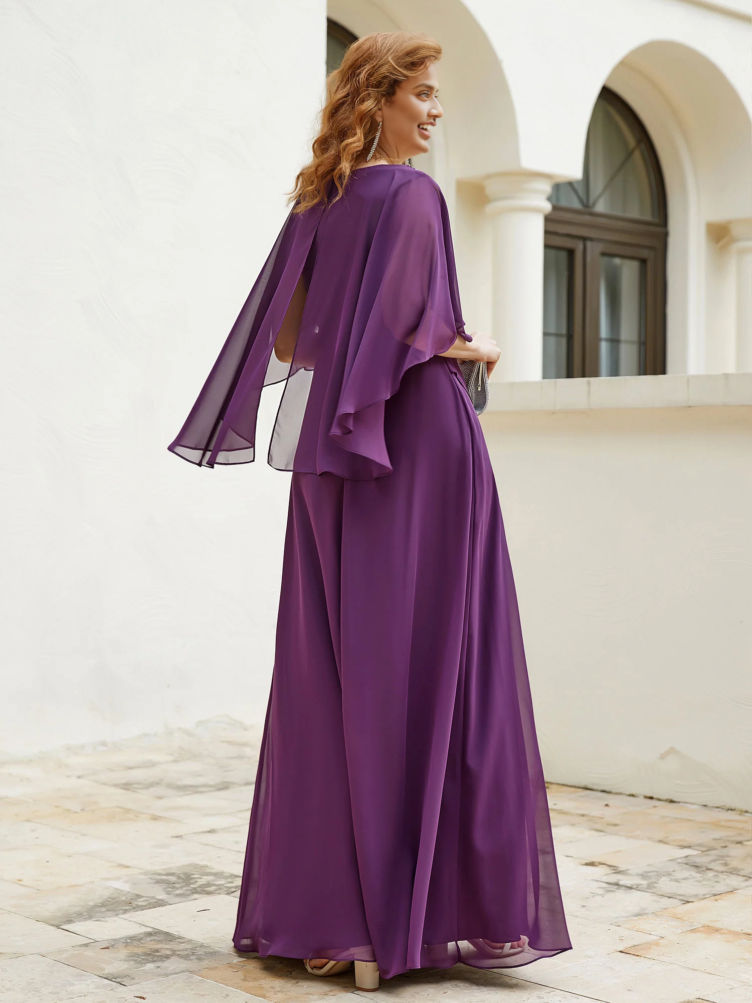 A-line Floor Length Adorned Beaded Elegance and Flutter Sleeves Grape Mother of the Bride Dress
