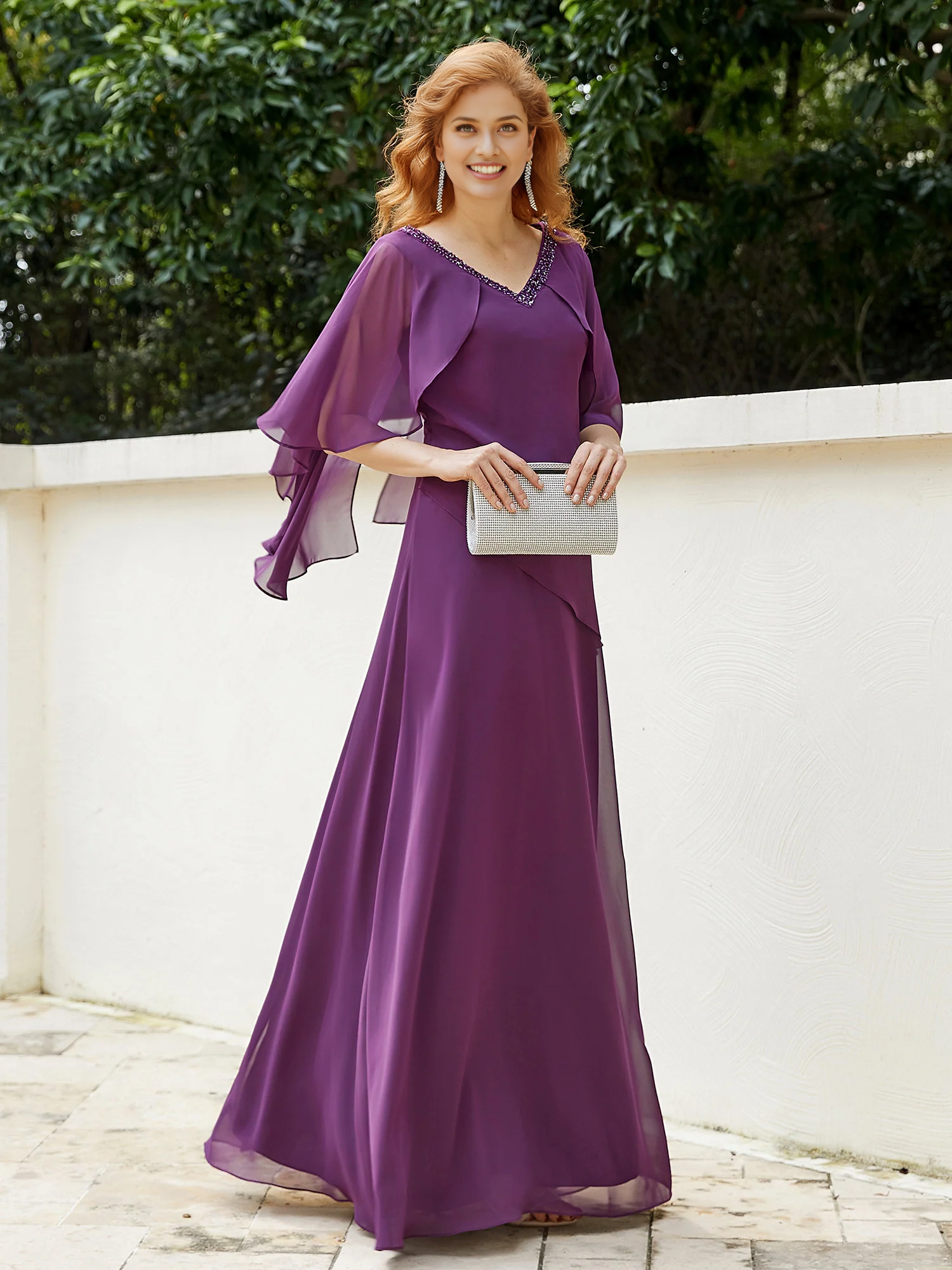 A-line Floor Length Adorned Beaded Elegance and Flutter Sleeves Grape Mother of the Bride Dress