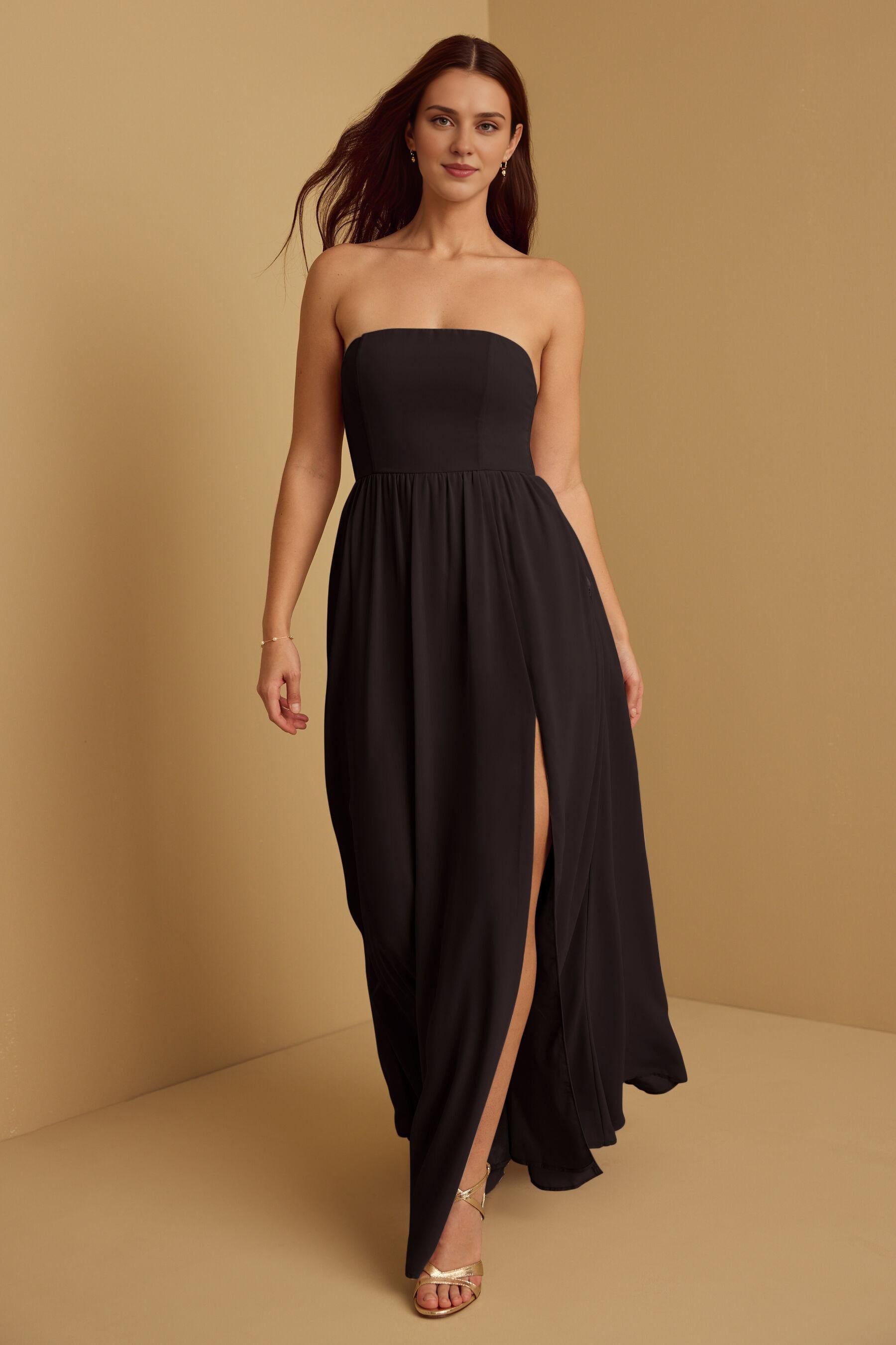 Weitese Formal Wear Dresses Sleeveless Off-the-shoulder Strapless A-line Floor Length Bridesmaid Dress With Slit Formal Black Dresses