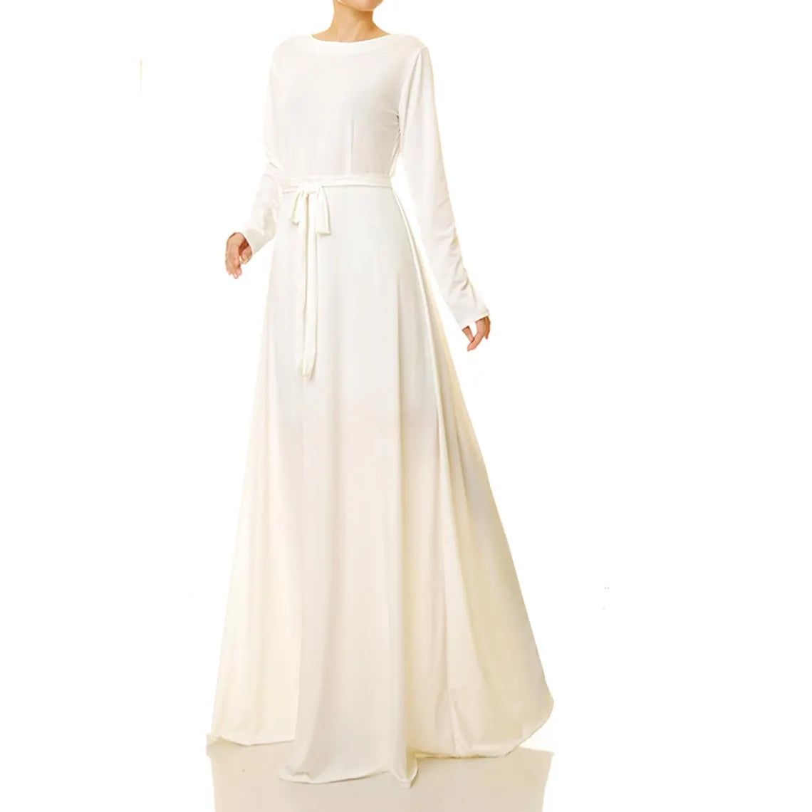 Robe de soirée trapèze, longueur au sol, blanc cassé, col rond, manches longues, robe de bal, robe de mariée ajustée 