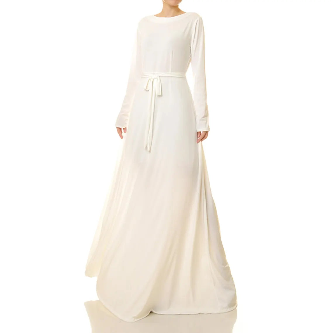 Robe de soirée trapèze, longueur au sol, blanc cassé, col rond, manches longues, robe de bal, robe de mariée ajustée 