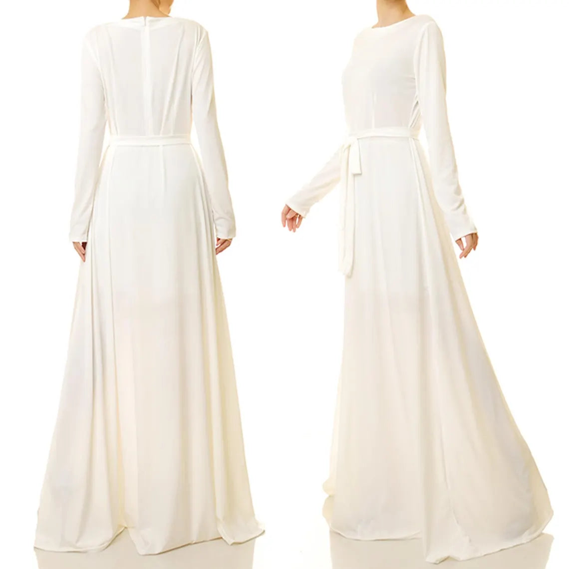 Robe de soirée trapèze, longueur au sol, blanc cassé, col rond, manches longues, robe de bal, robe de mariée ajustée 