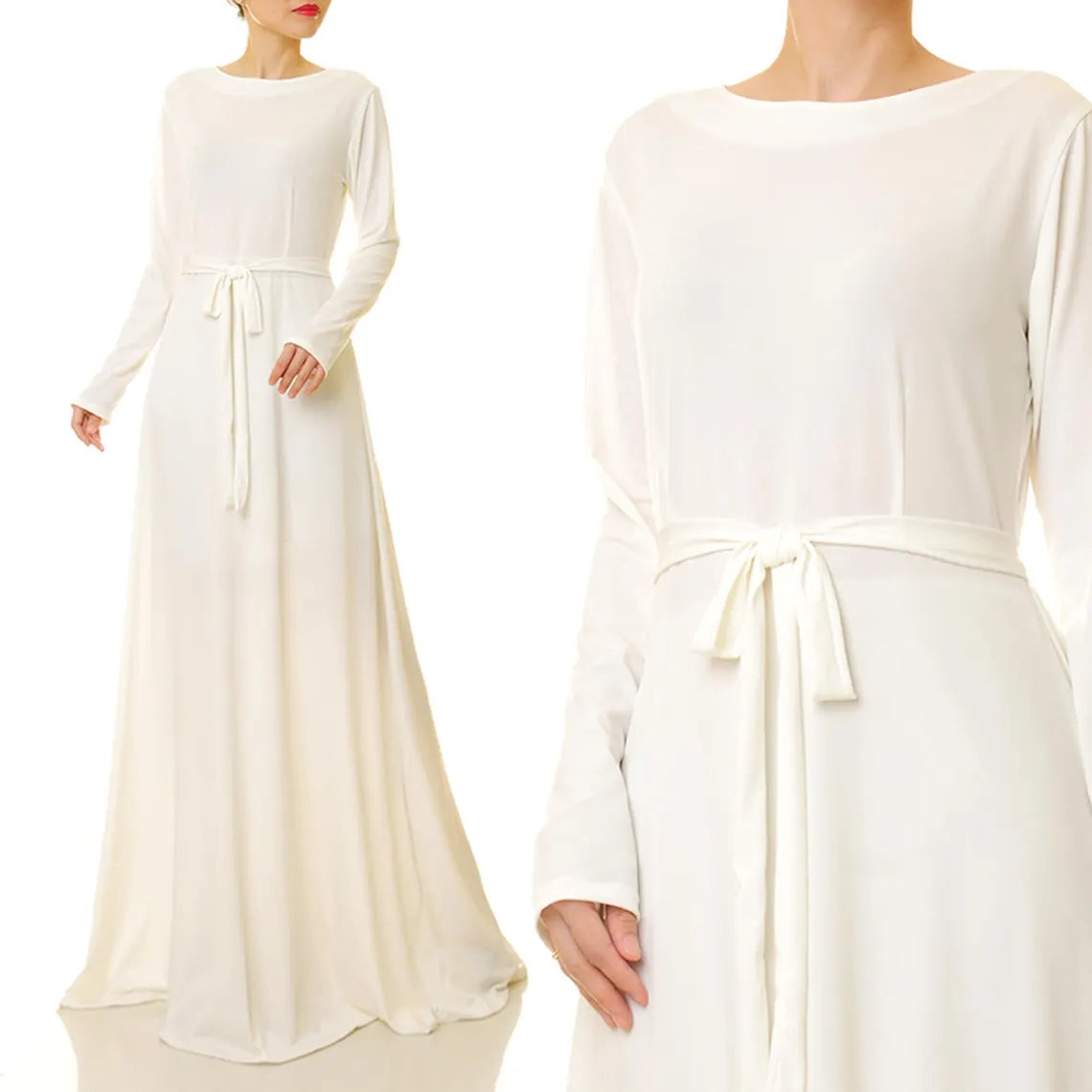 Robe de soirée trapèze, longueur au sol, blanc cassé, col rond, manches longues, robe de bal, robe de mariée ajustée 