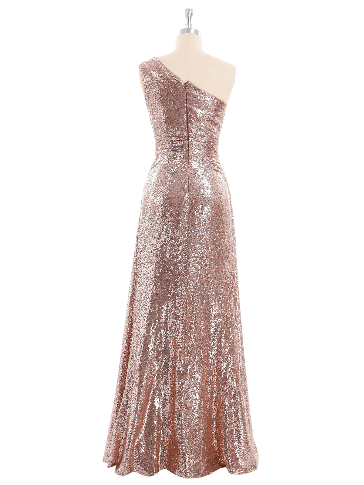 A-line Floor Length Sleeveless One Shoulder Sequins Party Gown Rose Gold