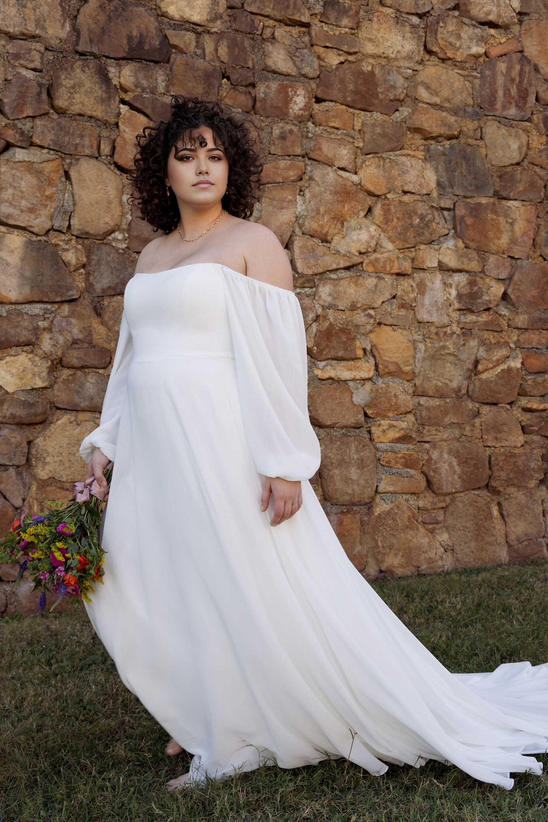 Weitese Formal Wear Dresses Long Sleeves Off-the-shoulder  A-line Floor Length Wedding Dress With Train Long Sleeve Long Dresses Prom