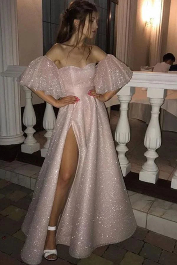 Weitese Formal Women's Dresses Gorgeous Pearl Pink Sequins High Split A-line Formal Dresses Prom Dresses Prom Dresses Stores