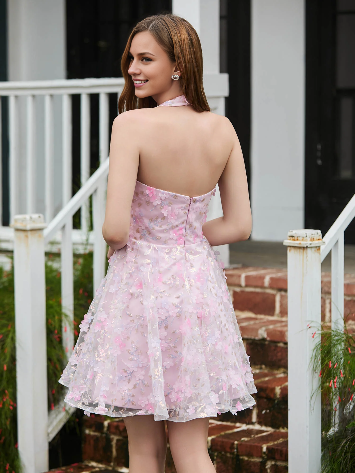 A-line Halter Flowers Appliqued Short Homecoming Dress with Backless