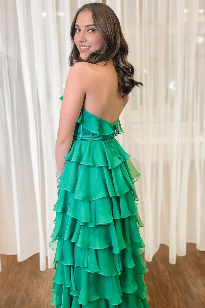 A-line Halter Keyhole Sleeveless Ruffle Tiered Prom Dress with Slit