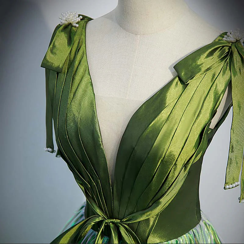 Robes de soirée Weitese pour femmes, vertes, décolleté en V profond, élégantes, froncées, coupe trapèze, à lacets, robes de soirée formelles, magasins de robes de bal 