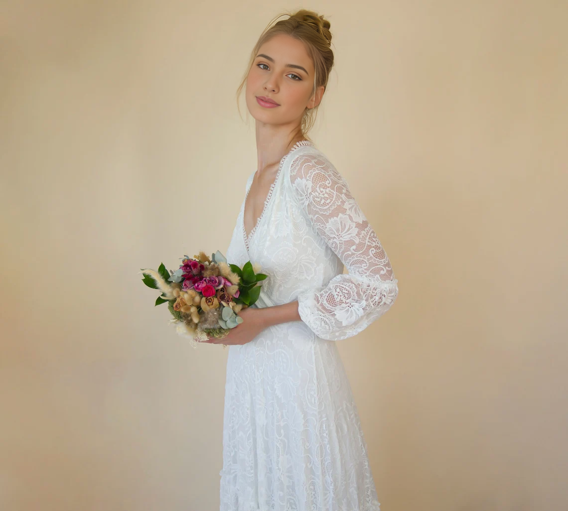 A-line Layered Skirt Maxi Lace Wedding Dress Wrap Neckline Puffy Bracelet Sleeves Deep V Neck Bride Dress