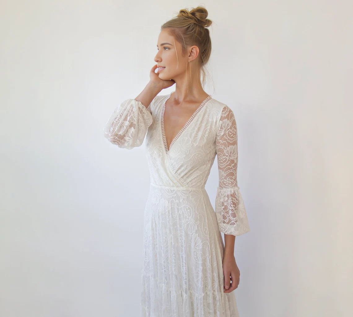A-line Layered Skirt Maxi Lace Wedding Dress Wrap Neckline Puffy Bracelet Sleeves Deep V Neck Bride Dress