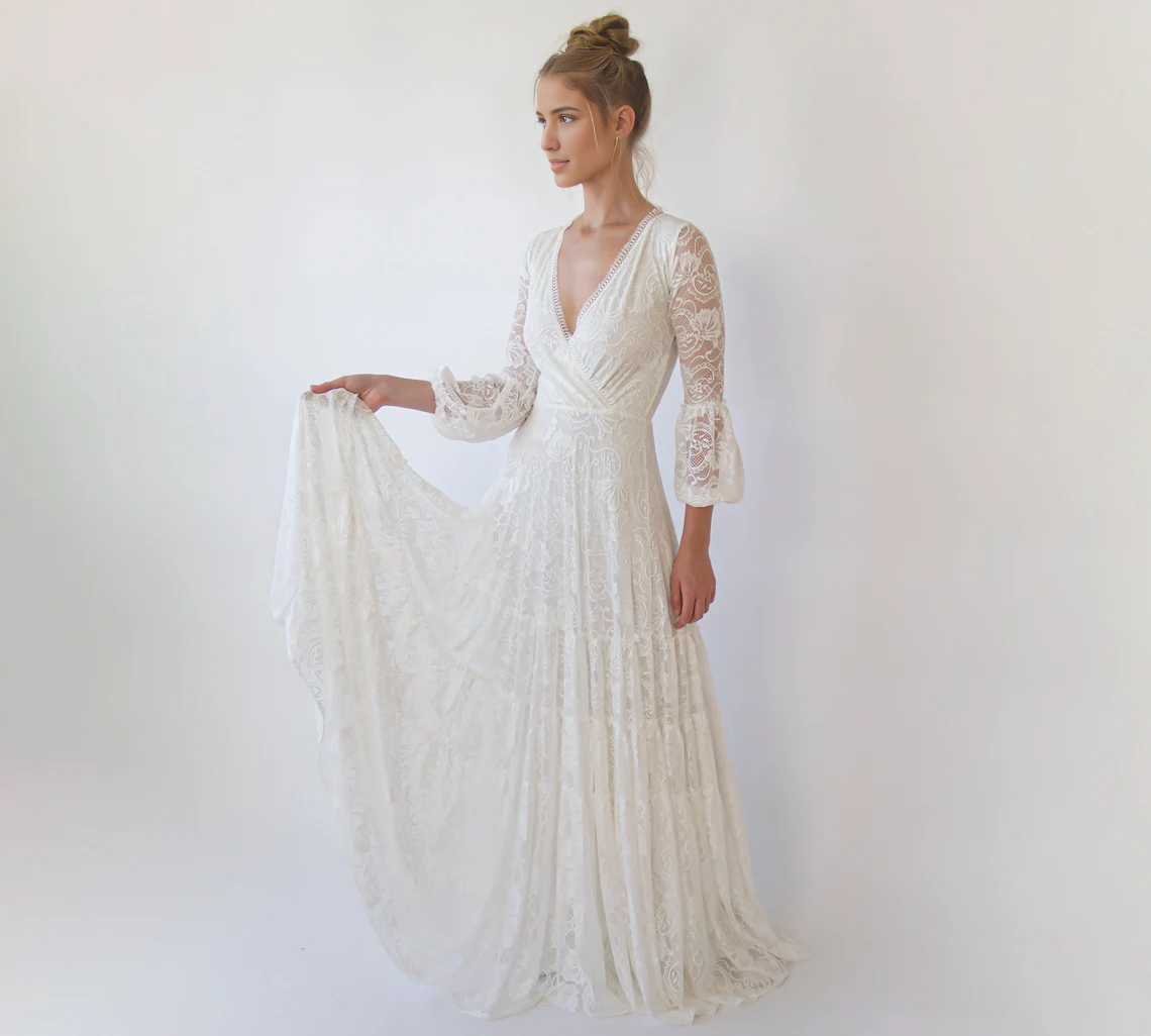 A-line Layered Skirt Maxi Lace Wedding Dress Wrap Neckline Puffy Bracelet Sleeves Deep V Neck Bride Dress