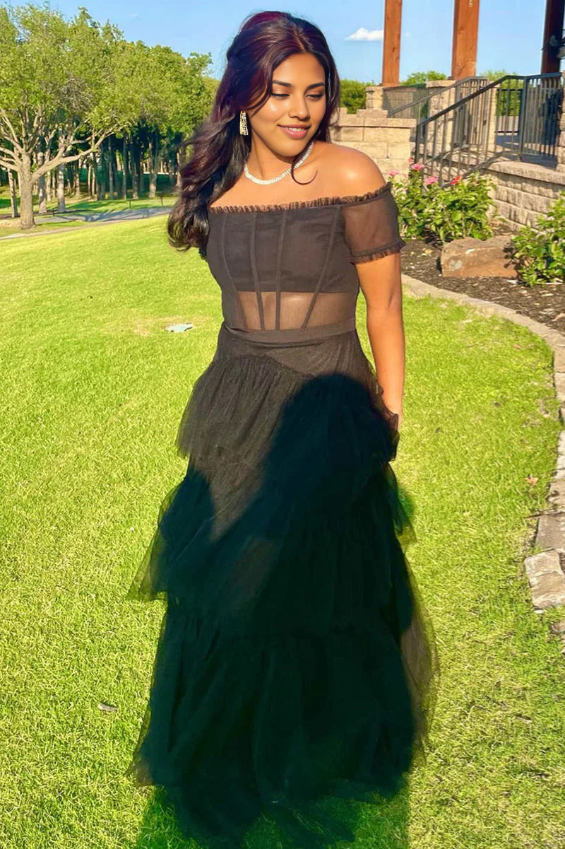 A-line Off-the-Shoulder Multi Layer Floor Length Prom Evening Dress Tulle Formal Dress