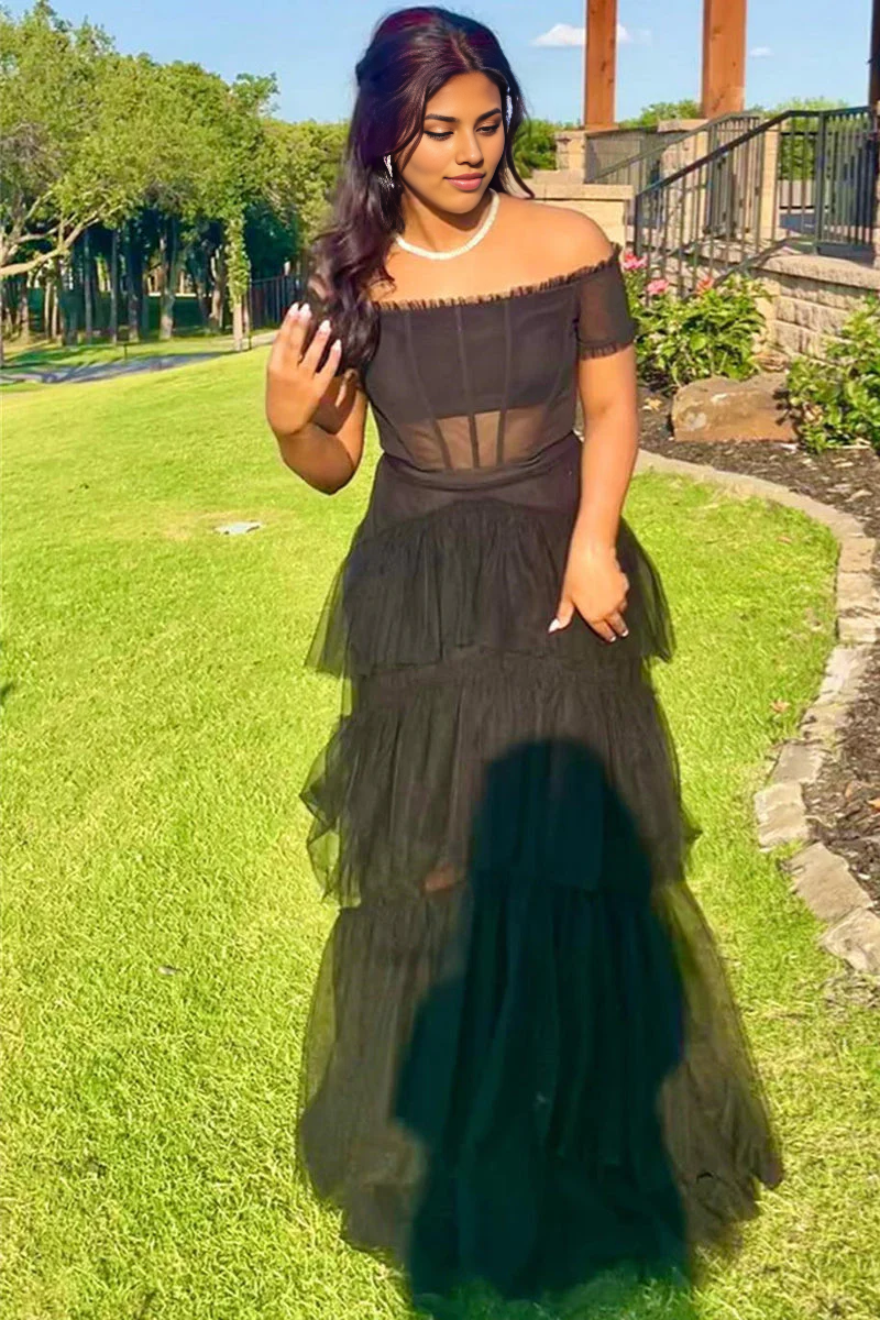 A-line Off-the-Shoulder Multi Layer Floor Length Prom Evening Dress Tulle Formal Dress