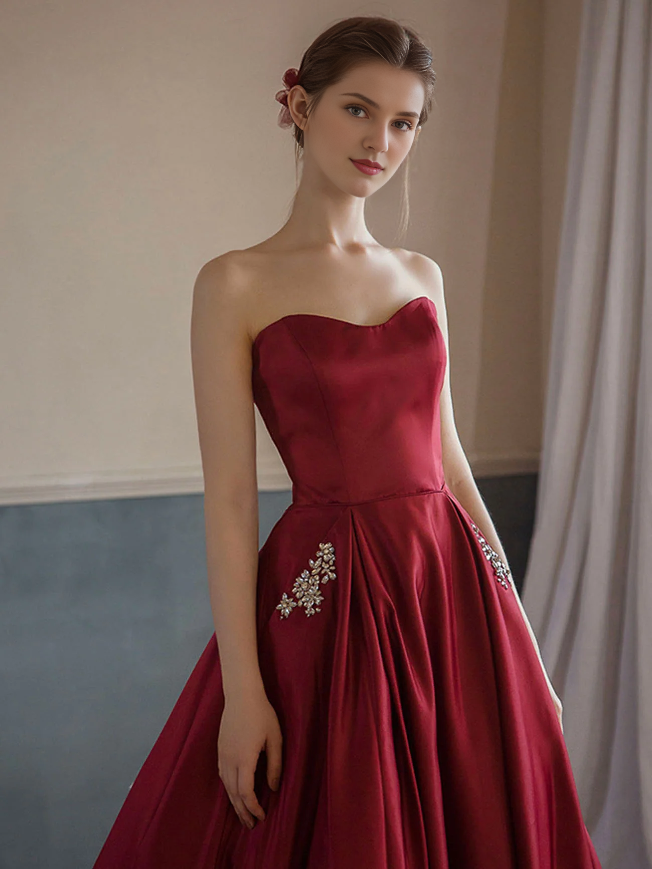 Robe de bal trapèze simple en satin bordeaux, épaules dénudées, sans manches, avec poche 