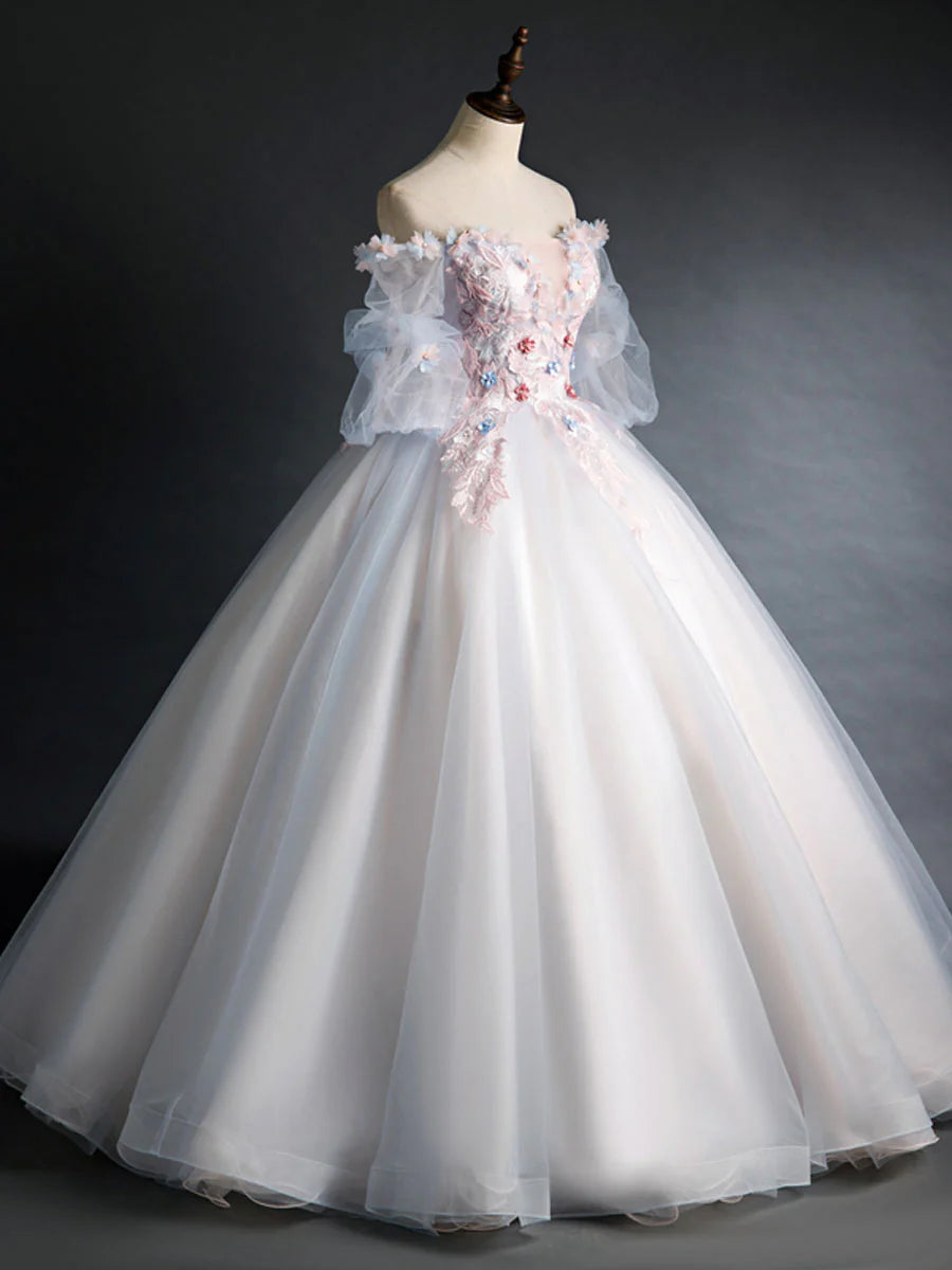 Robe de bal longue trapèze à épaules dénudées, sans bretelles, manches courtes, en tulle et dentelle appliquée 