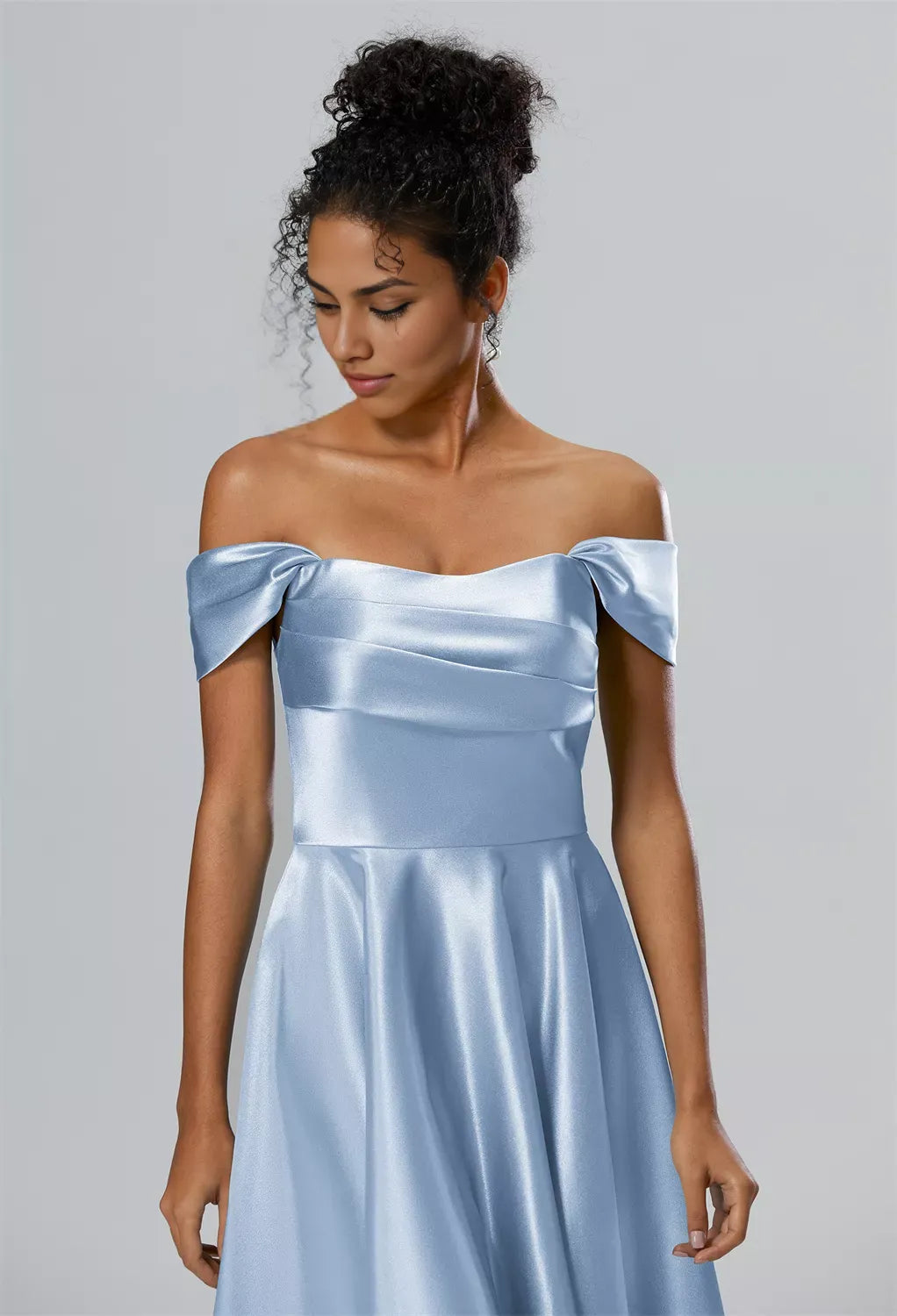 A-line Off the Shoulder Knee Length Cap Sleeves Prom Dresses Satin Chic Ruching Petite Homecoming Dresses With Sleeves