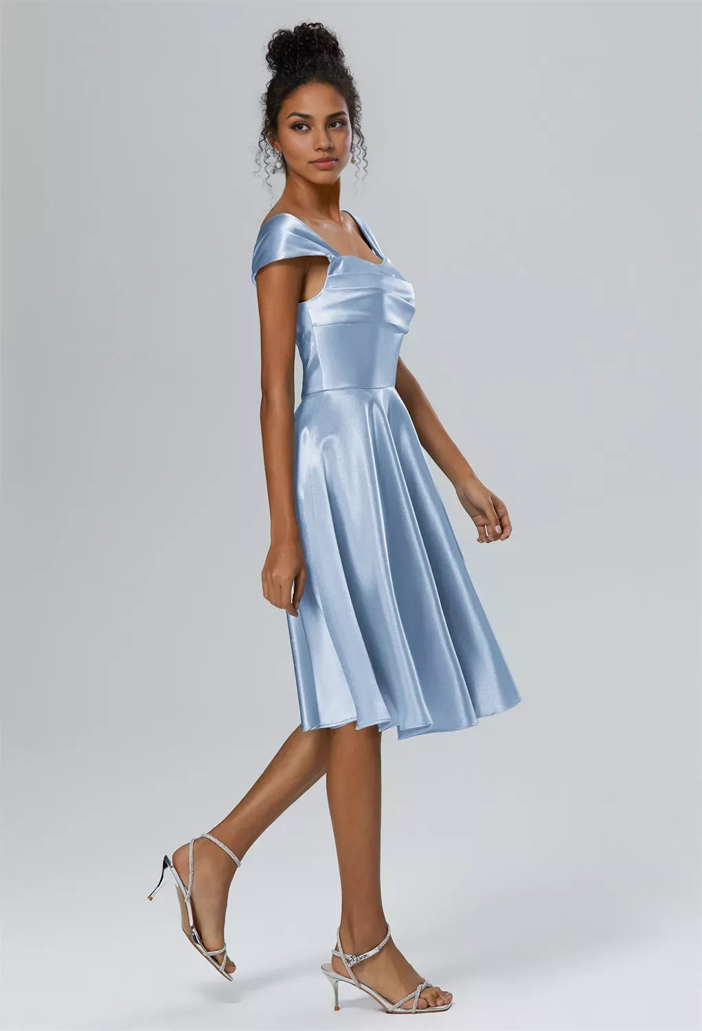 A-line Off the Shoulder Knee Length Cap Sleeves Prom Dresses Satin Chic Ruching Petite Homecoming Dresses With Sleeves