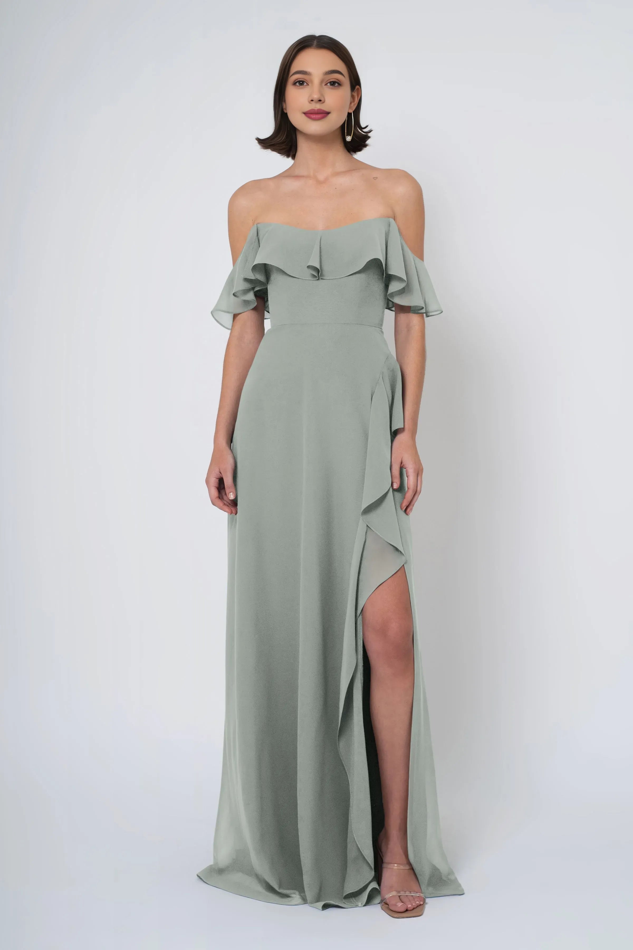 A-line Off the Shoulder Scoop Neck With Ruffle Sleeve Slit Trendy Floor Length Ball Gowns Backless Beautiful Floor Length Prom Dresses