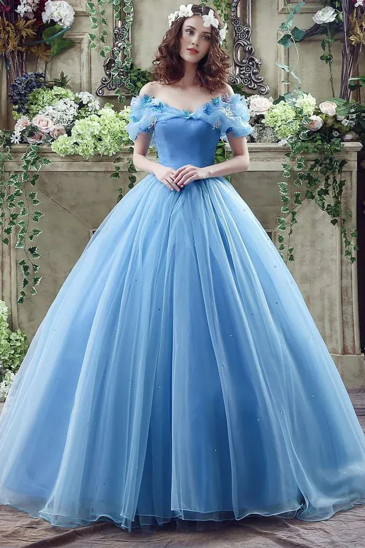 Robe de bal princesse bleue trapèze en tulle à épaules dénudées et motif papillon 