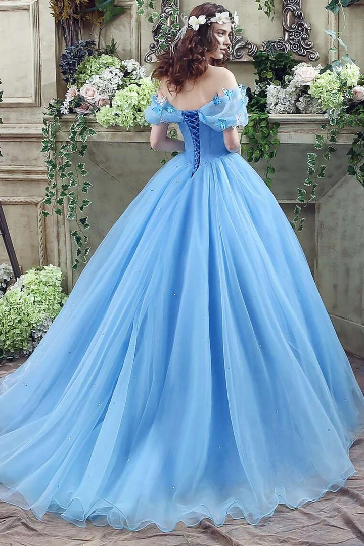 Robe de bal princesse bleue trapèze en tulle à épaules dénudées et motif papillon 