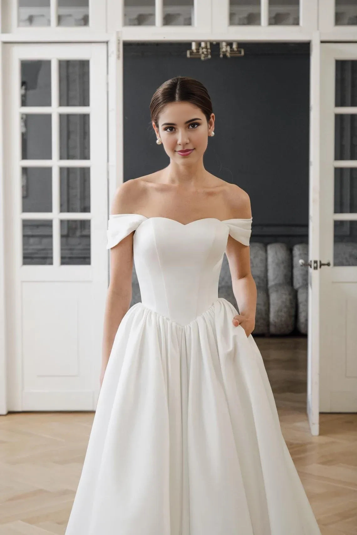 A-line Princess Bridal Gown Vanessa Elegant Off-Shoulder Wedding Dress With Train