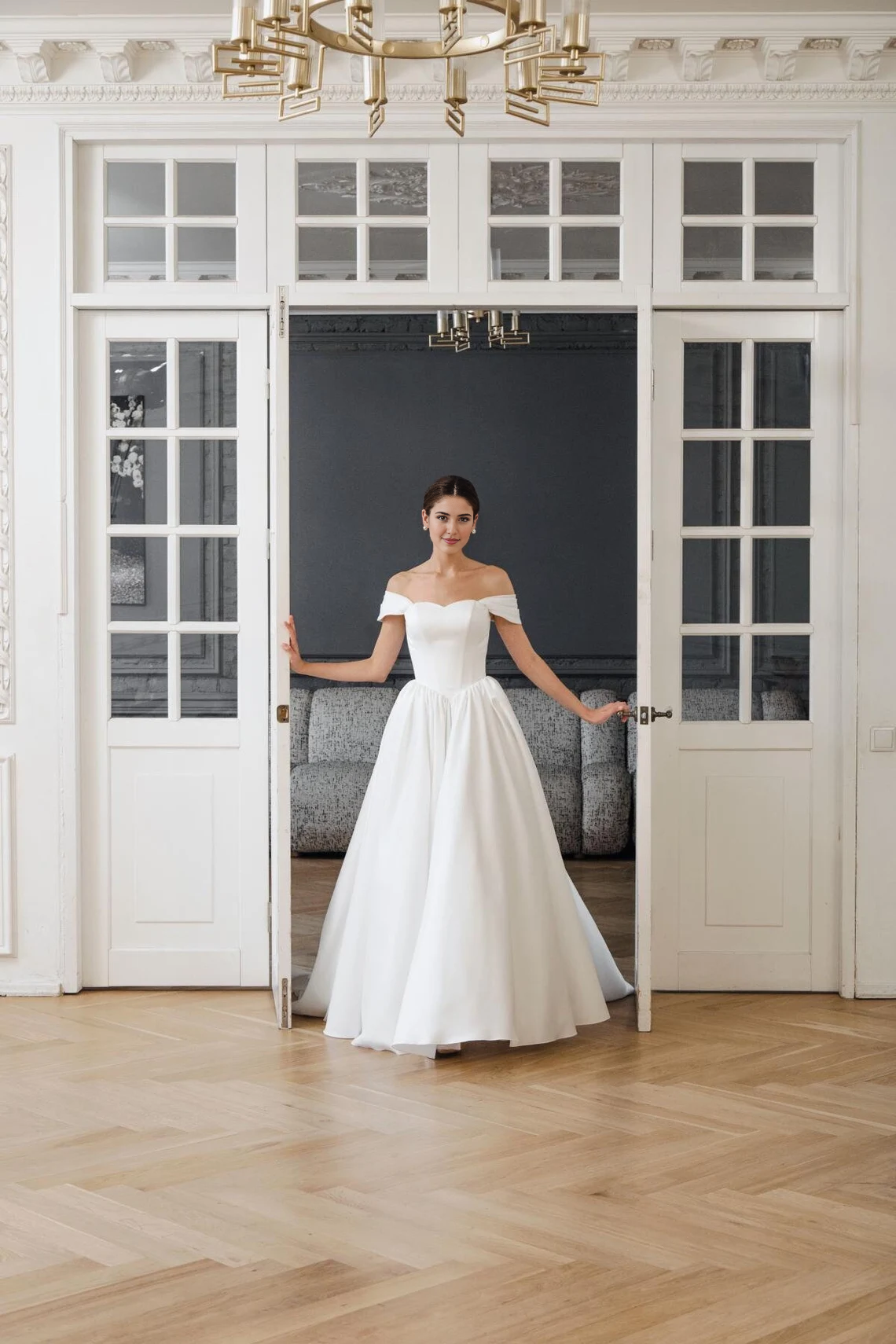A-line Princess Bridal Gown Vanessa Elegant Off-Shoulder Wedding Dress With Train