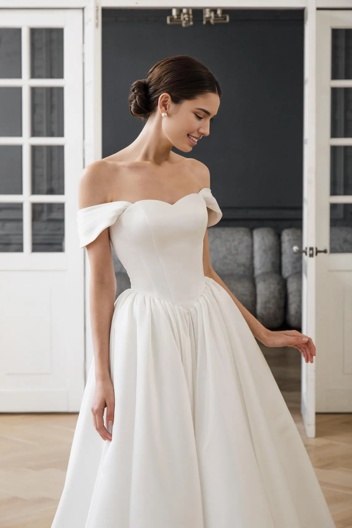A-line Princess Bridal Gown Vanessa Elegant Off-Shoulder Wedding Dress With Train