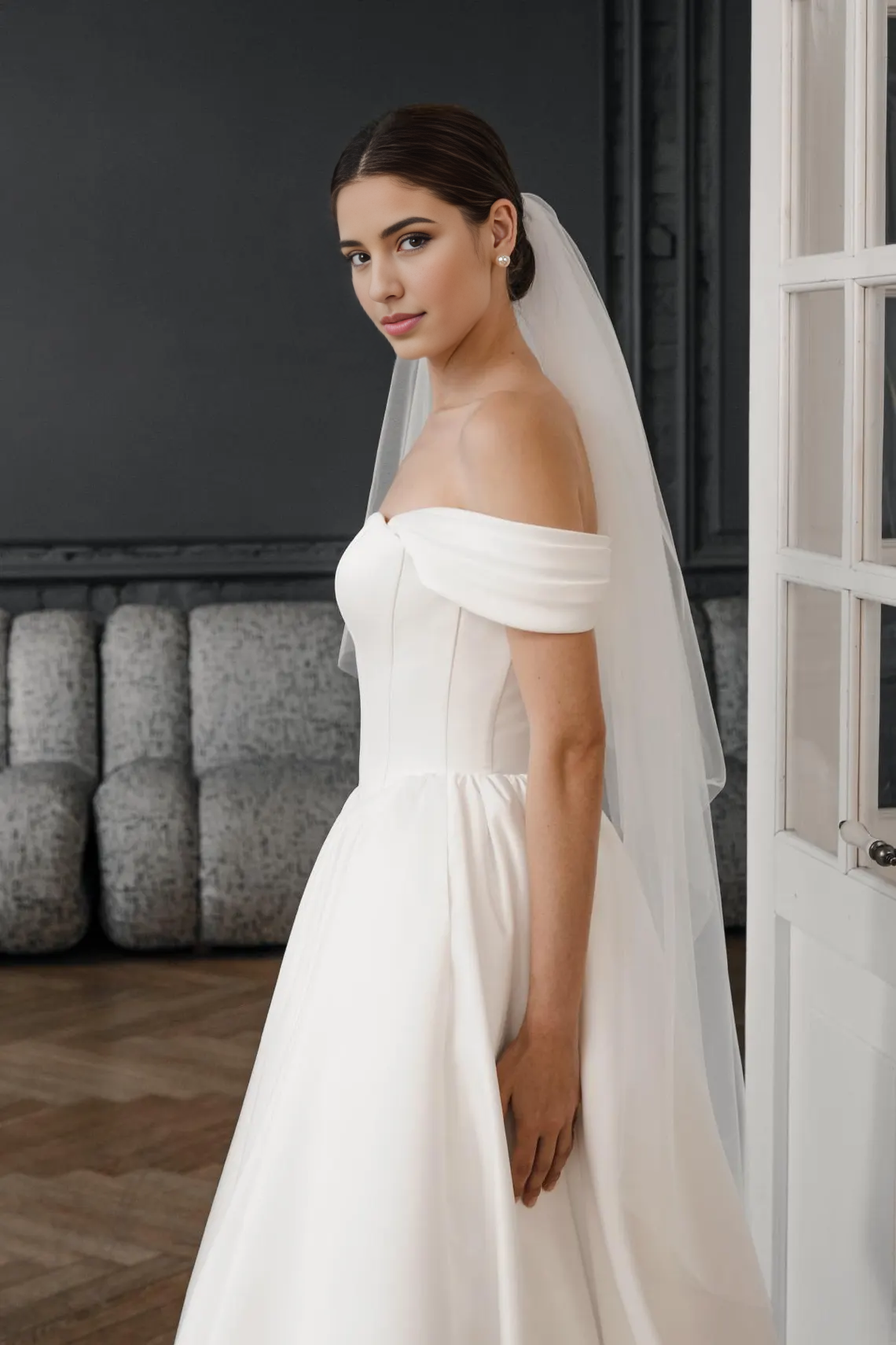 A-line Princess Bridal Gown Vanessa Elegant Off-Shoulder Wedding Dress With Train