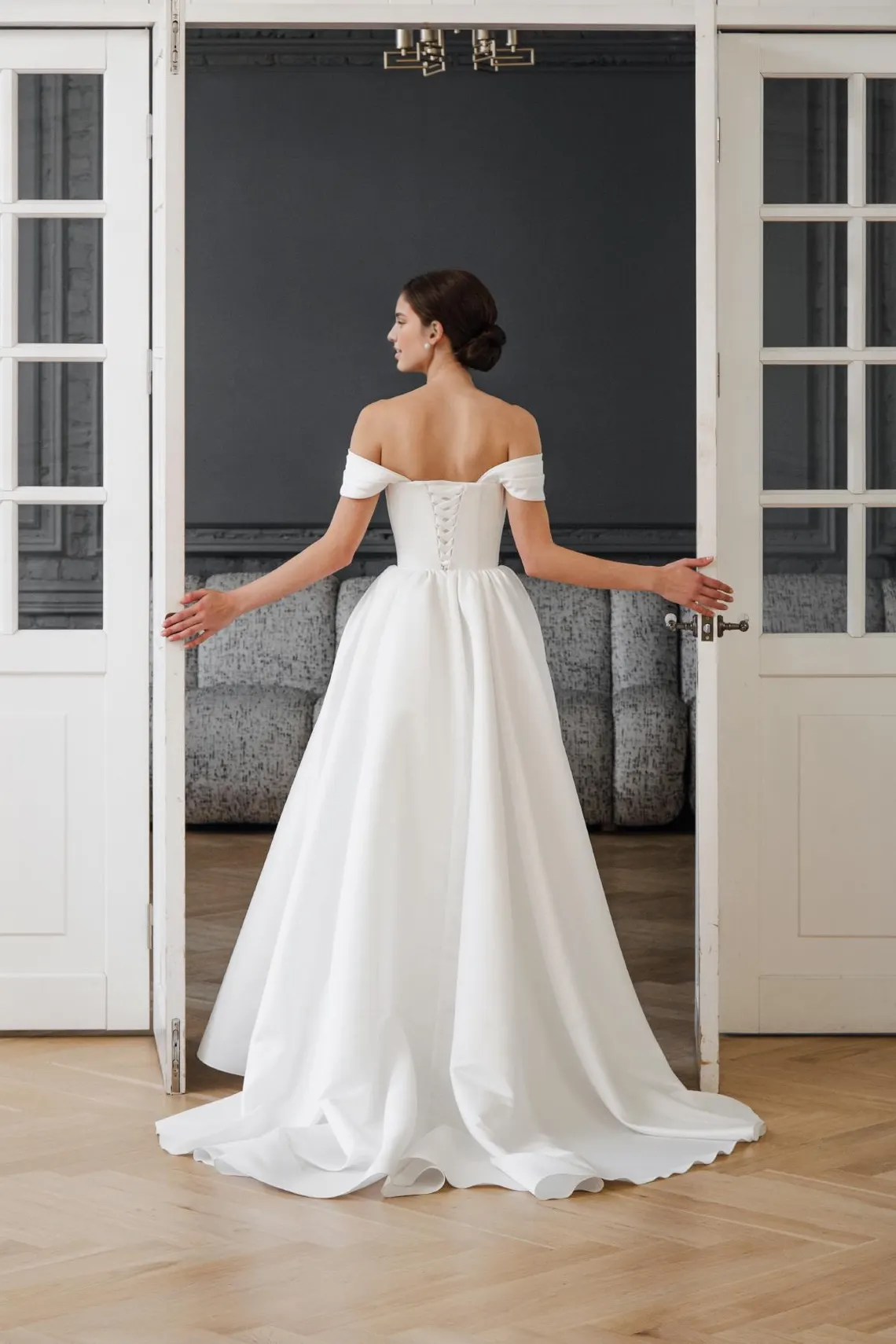 A-line Princess Bridal Gown Vanessa Elegant Off-Shoulder Wedding Dress With Train