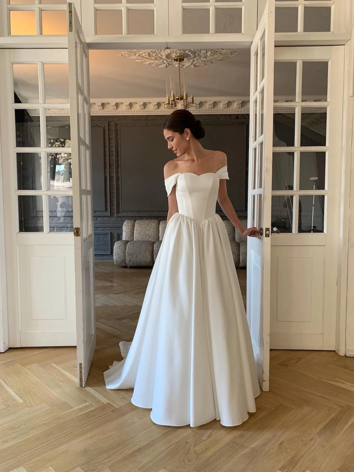 A-line Princess Bridal Gown Vanessa Elegant Off-Shoulder Wedding Dress With Train